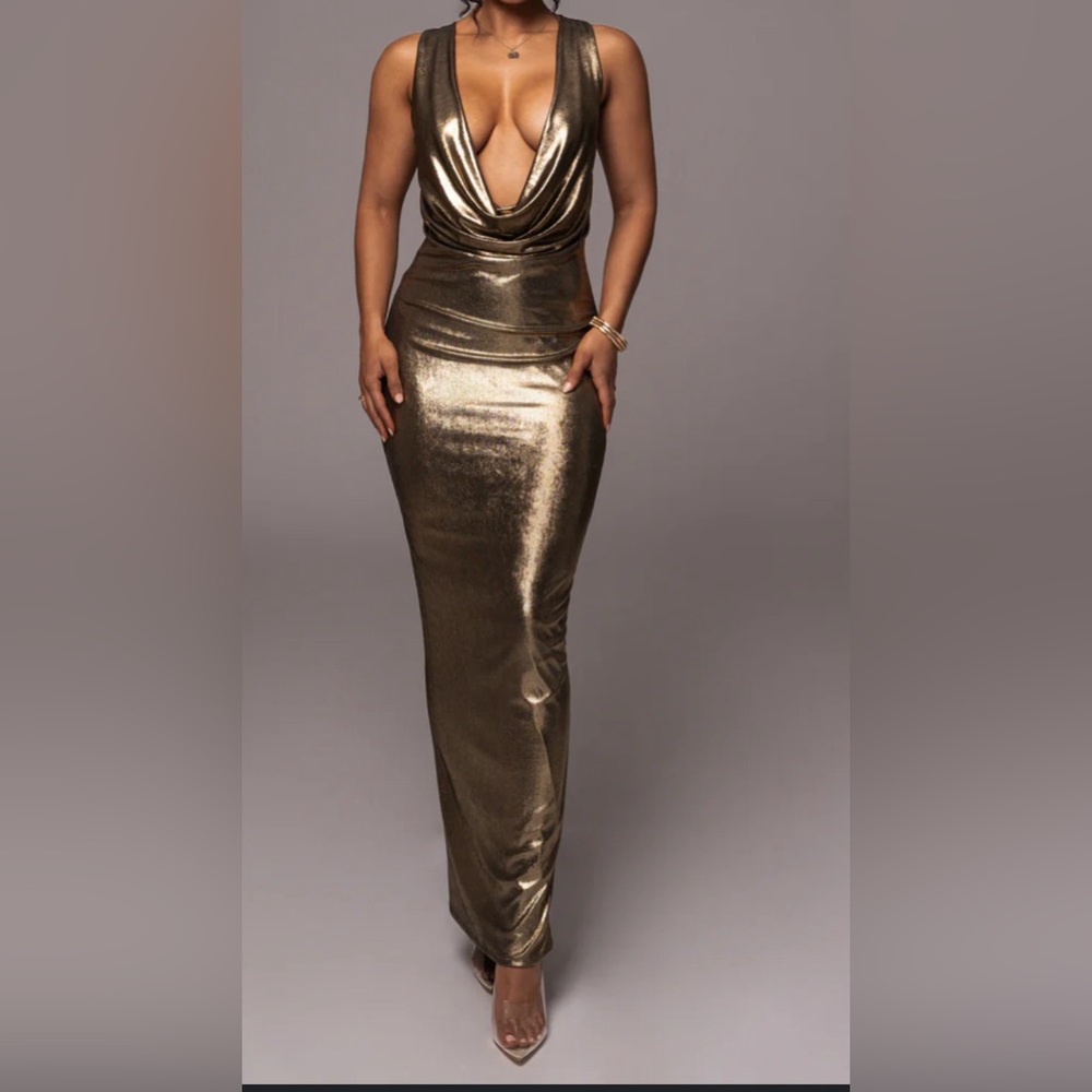 Gold Highlights Cowl Neck Maxi Dress